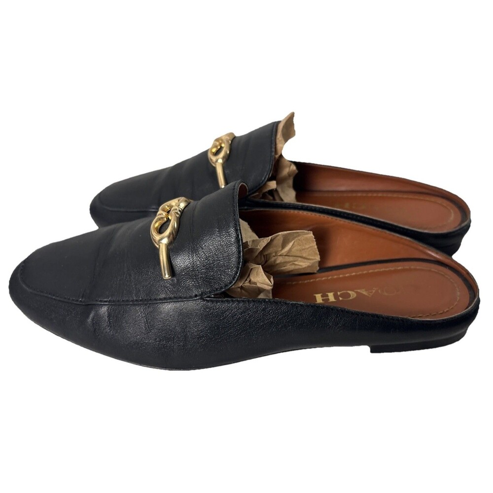 Coach Sienna Leather Slide Size 6 Black with Gold Logo Shoes Flats